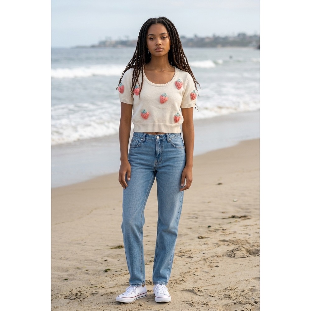 Luna Ivy Cream Strawberry 3D‎ Embroidered SS Cropped Knit Sweater M - Picture 2 of 10